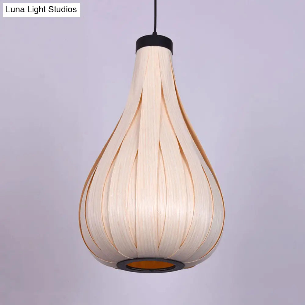 Water Drop Pendant Light - Brown/White Asian Style Wooden Hanging Lamp For Dining Table