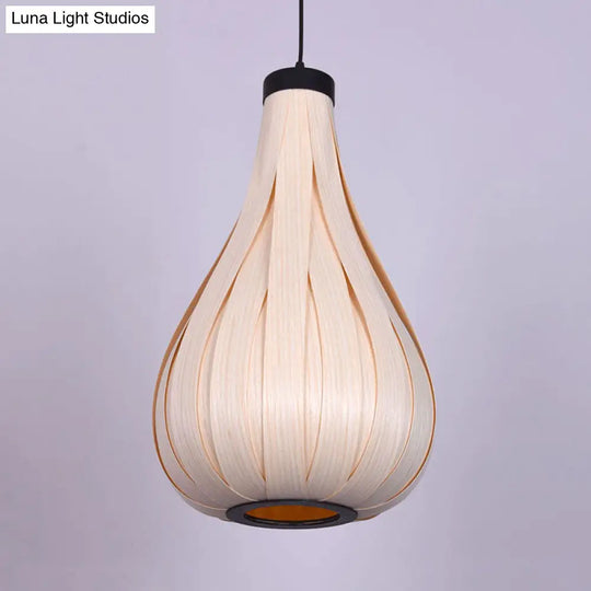 Water Drop Pendant Light - Brown/White Asian Style Wooden Hanging Lamp For Dining Table