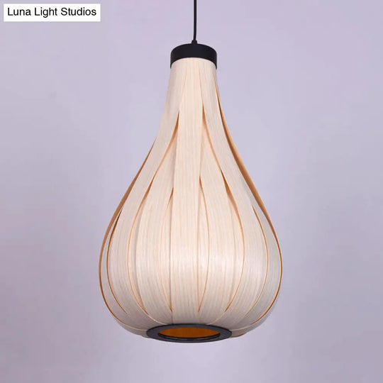 Asian Style Water Drop Pendant Light - Brown/White Wooden Single Head Hanging Lamp For Dining Table