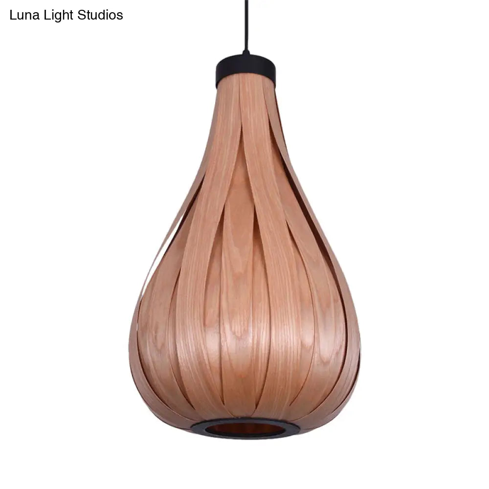 Asian Style Water Drop Pendant Light - Brown/White Wooden Single Head Hanging Lamp For Dining Table