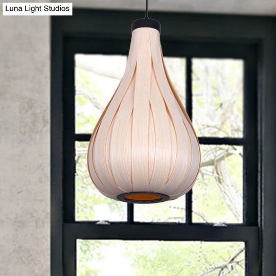 Asian Style Water Drop Pendant Light - Brown/White Wooden Single Head Hanging Lamp For Dining Table