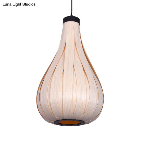 Asian Style Water Drop Pendant Light - Brown/White Wooden Single Head Hanging Lamp For Dining Table