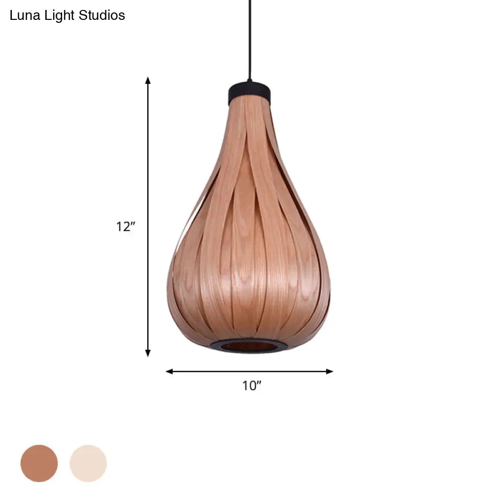 Water Drop Pendant Light - Brown/White Asian Style Wooden Hanging Lamp For Dining Table