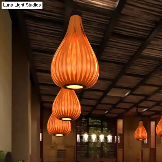 Asian Style Water Drop Pendant Light - Brown/White Wooden Single Head Hanging Lamp For Dining Table