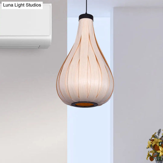 Asian Style Water Drop Pendant Light - Brown/White Wooden Single Head Hanging Lamp For Dining Table