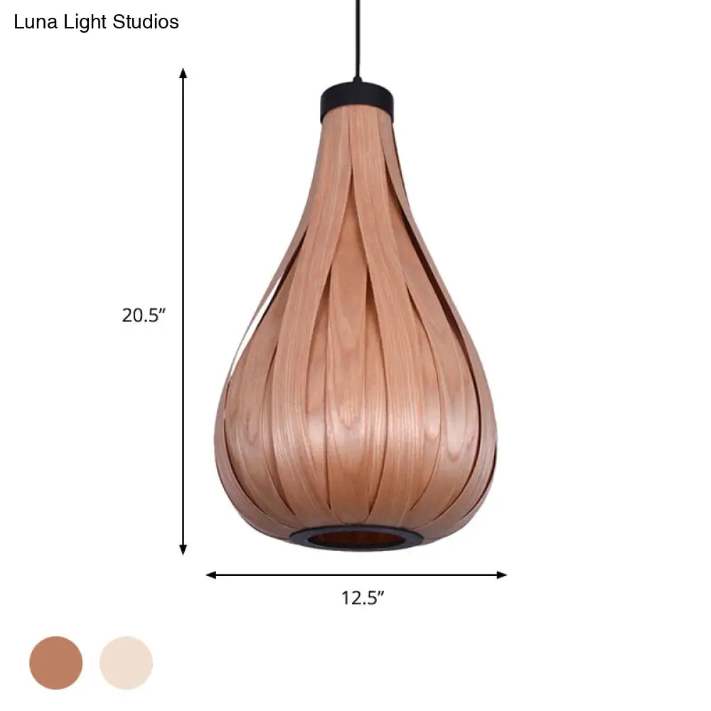 Asian Style Water Drop Pendant Light - Brown/White Wooden Single Head Hanging Lamp For Dining Table