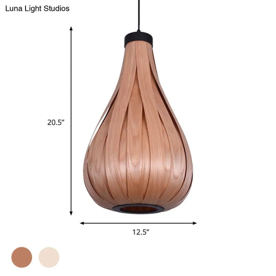 Asian Style Water Drop Pendant Light - Brown/White Wooden Single Head Hanging Lamp For Dining Table