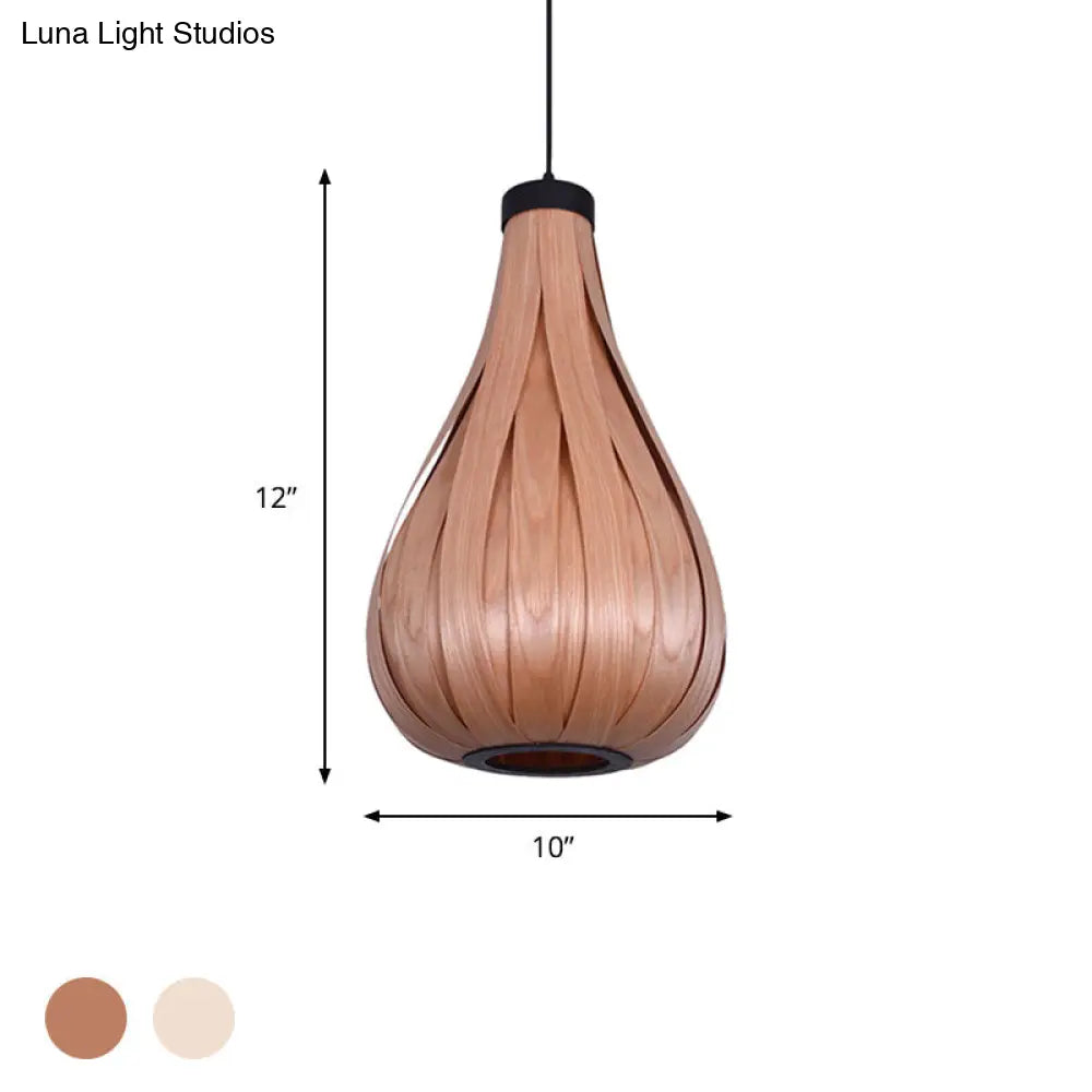 Asian Style Water Drop Pendant Light - Brown/White Wooden Single Head Hanging Lamp For Dining Table