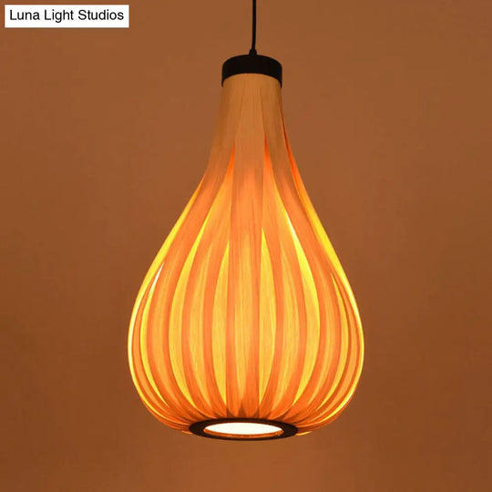 Asian Style Water Drop Pendant Light - Brown/White Wooden Single Head Hanging Lamp For Dining Table