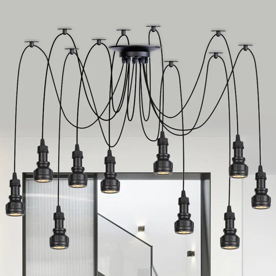 Water Pipe Multi Light Chandelier - Farmhouse-Style Black Iron Swag Led Pendant 10 /