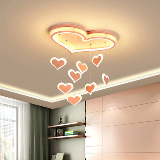 Waterfall Heart Iron Ceiling Lamp - Macaron Pink Led Flush Mount Lighting For Bedroom / 21’