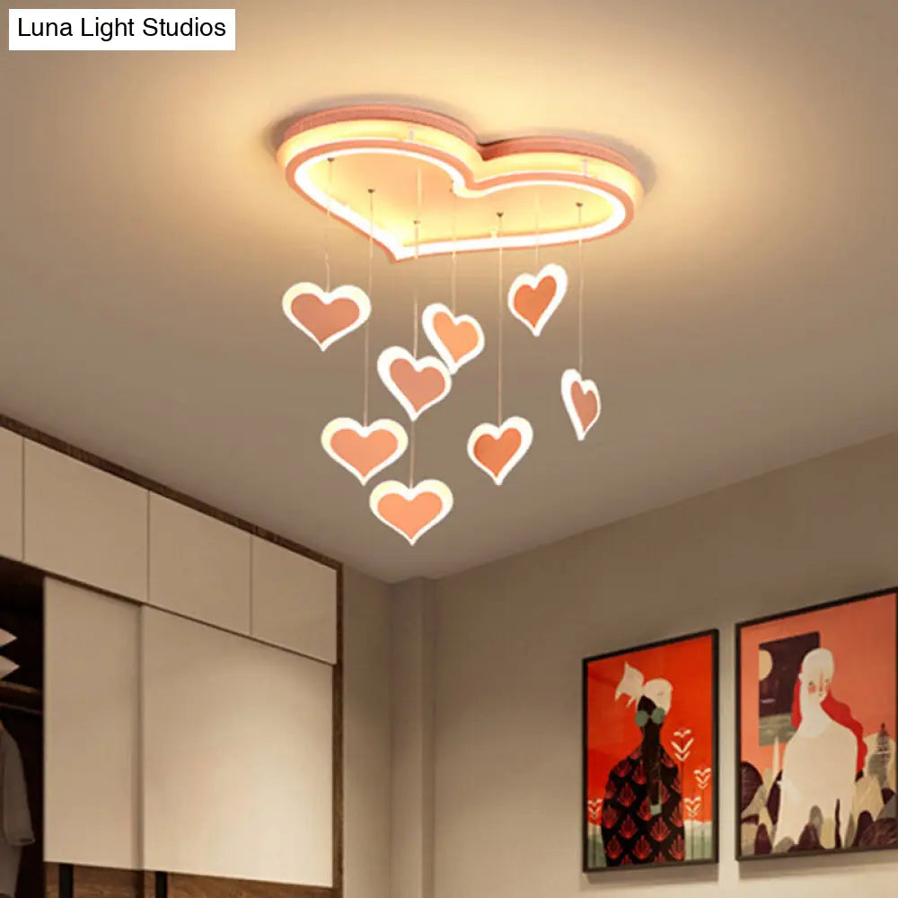 Waterfall Heart Iron Ceiling Lamp - Macaron Pink Led Flush Mount Lighting For Bedroom