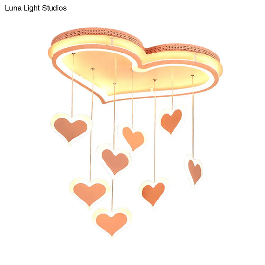 Waterfall Heart Iron Ceiling Lamp - Macaron Pink Led Flush Mount Lighting For Bedroom