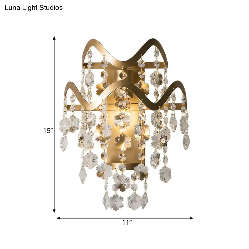 Wave Sconce Light - Gold Wall Mount With Flower Crystal/Shell Accent