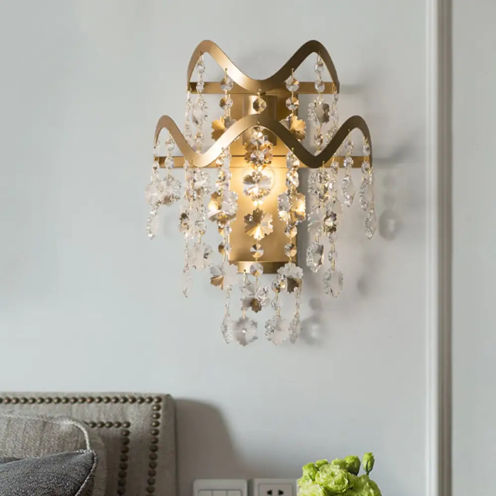 Wave Sconce Light - Gold Wall Mount With Flower Crystal/Shell Accent / A