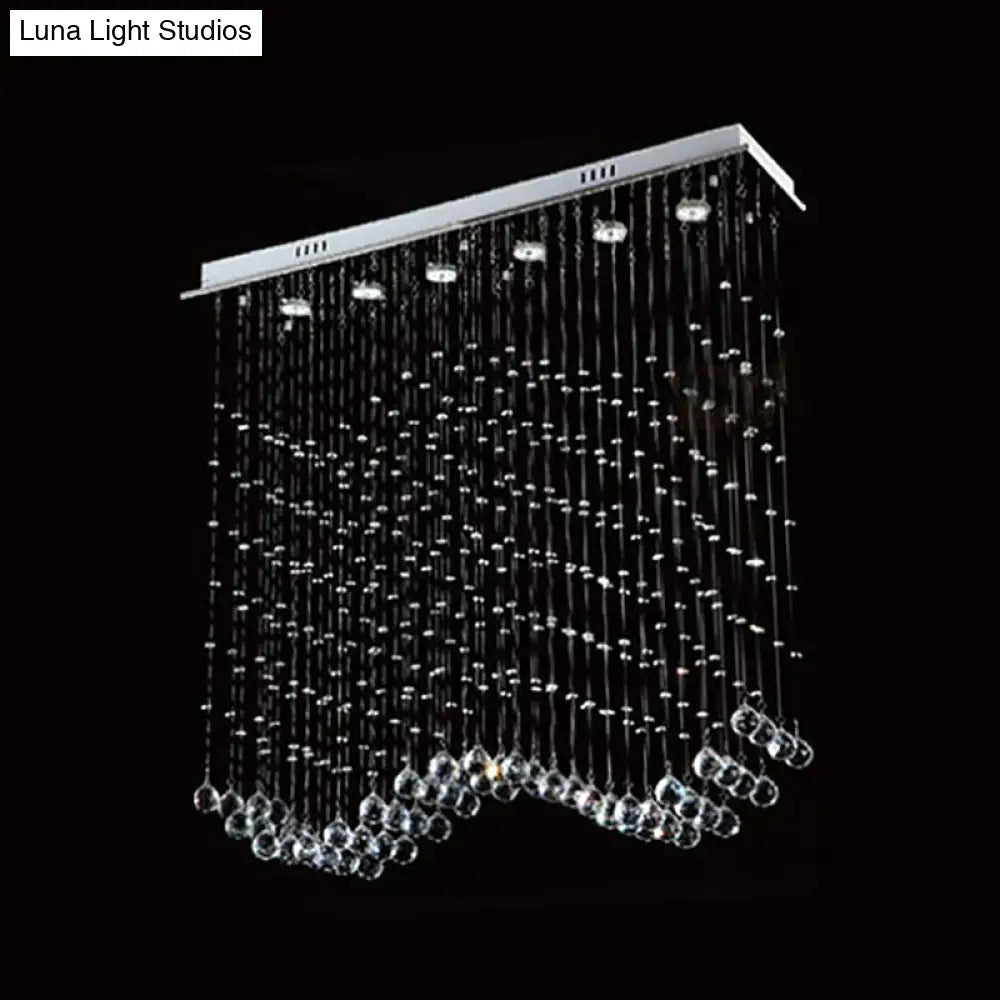 Wave Shaped Ceiling Light - Modern 6 - Head Crystal Flush Mount Fixture In Stainless Steel