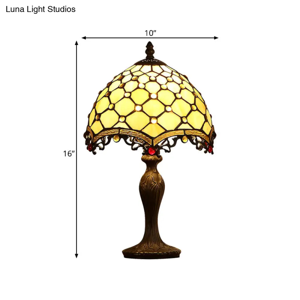 Wave-Trim Fishscale Table Lamp - Tan Glass Baroque Nightstand Light In Dark Brown