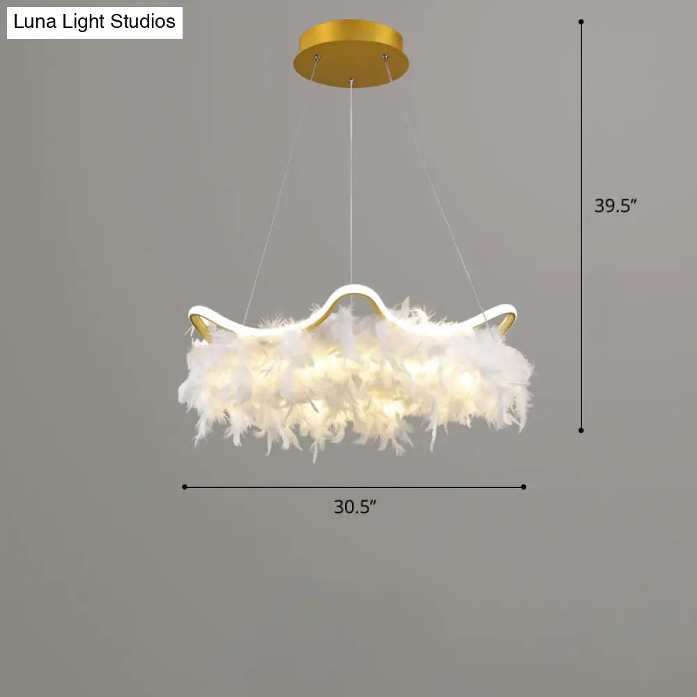 Wavy Metal Nordic White-Gold Led Chandelier With Feather Deco - Elegant Suspension Lighting