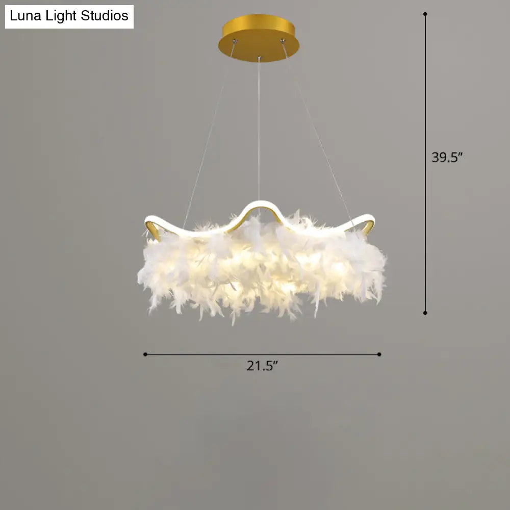 Wavy Metal Nordic White-Gold Led Chandelier With Feather Deco - Elegant Suspension Lighting