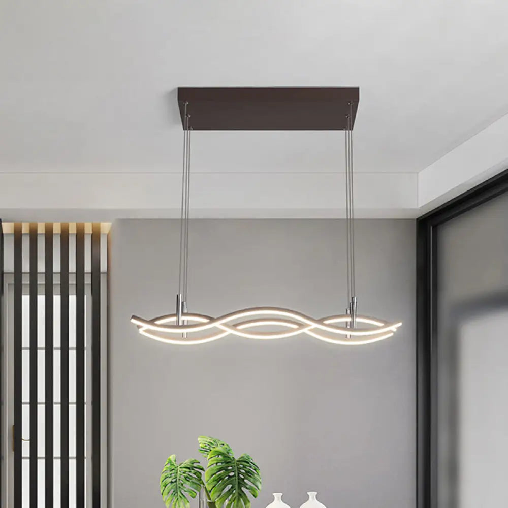 Wavy Metallic Linear Island Pendant Led Light In Coffee With Warm/White Illumination - Minimalist