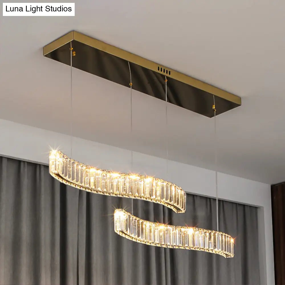 Wavy Prismatic Crystal Led Pendant Lamp For Restaurants In Brass Finish