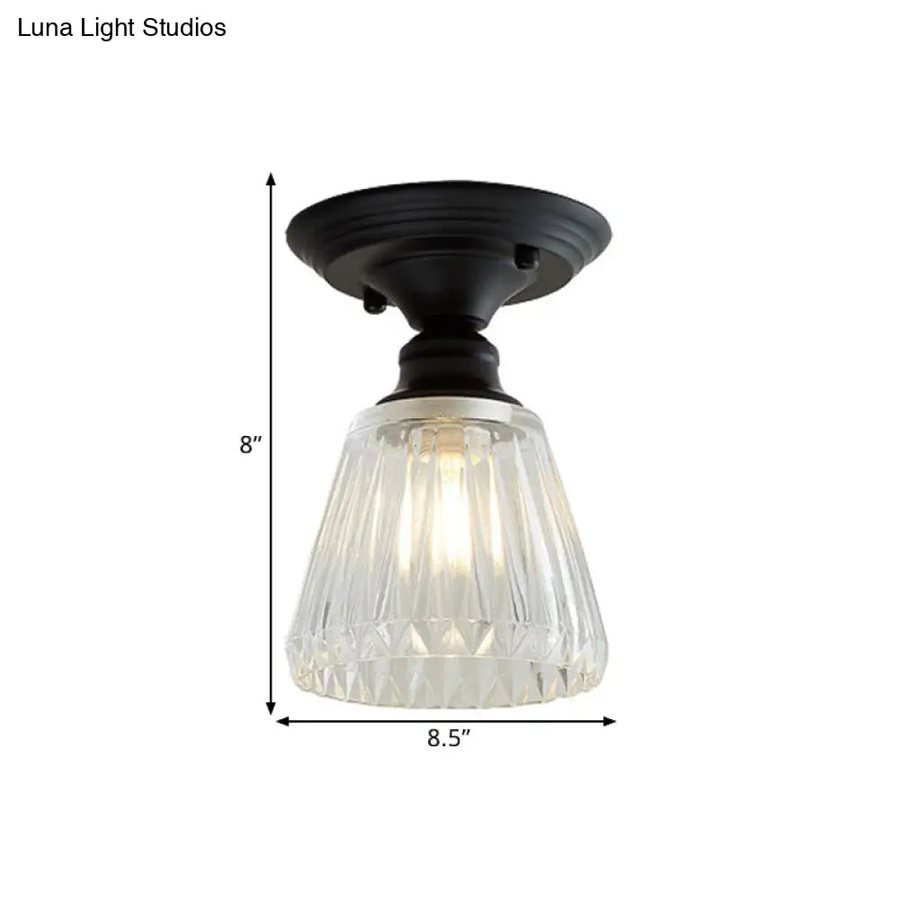 Wavy/Wide Flare Semi-Flush Mount Industrial Black Clear Textured Glass Lighting Fixture