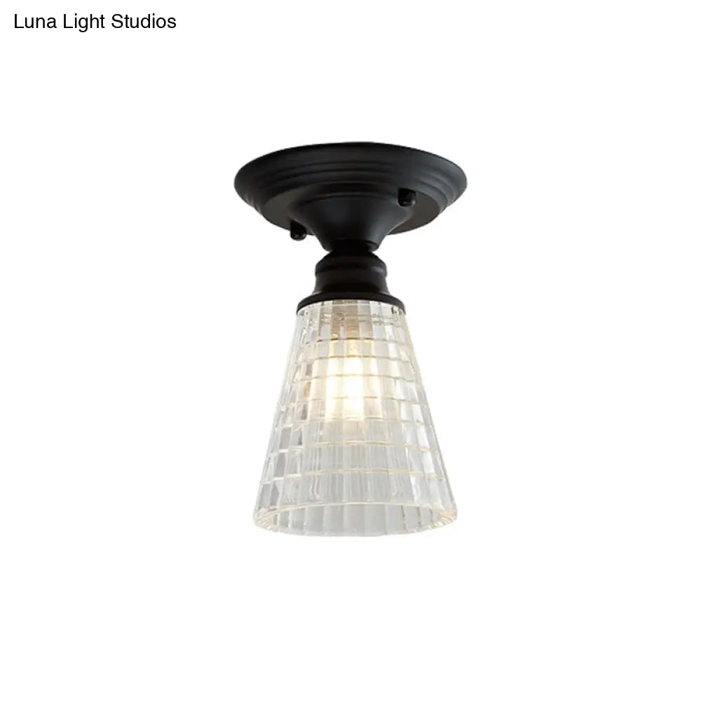 Wavy/Wide Flare Semi - Flush Mount Industrial Black Clear Textured Glass Lighting Fixture