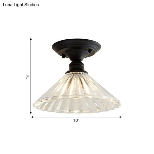 Wavy/Wide Flare Semi - Flush Mount Industrial Black Clear Textured Glass Lighting Fixture