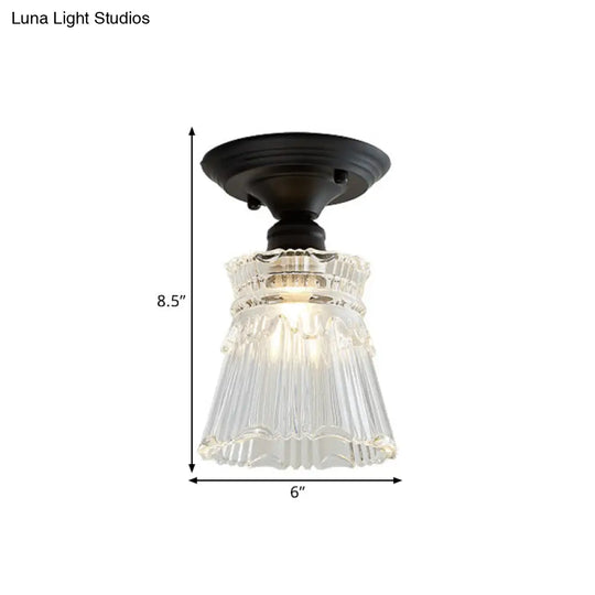 Wavy/Wide Flare Semi-Flush Mount Industrial Black Clear Textured Glass Lighting Fixture