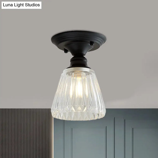 Wavy/Wide Flare Semi - Flush Mount Industrial Black Clear Textured Glass Lighting Fixture