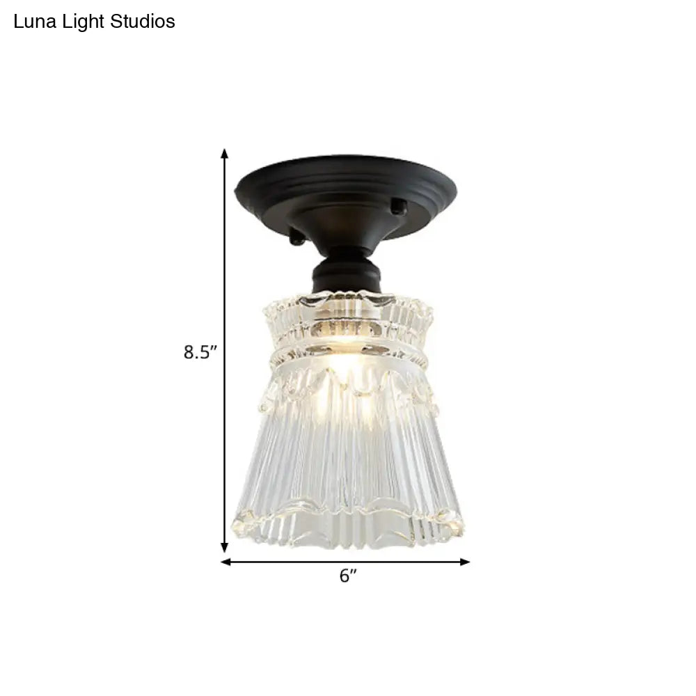 Wavy/Wide Flare Semi - Flush Mount Industrial Black Clear Textured Glass Lighting Fixture