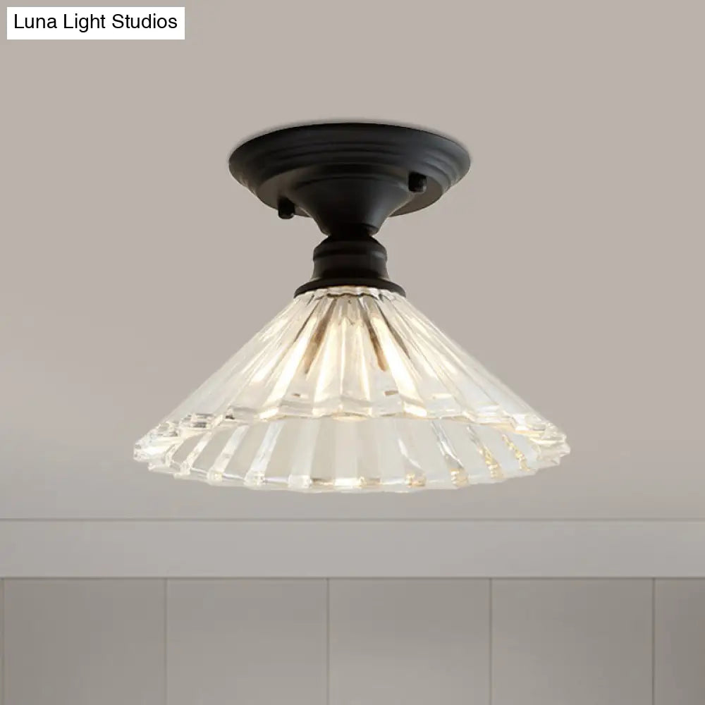 Wavy/Wide Flare Semi-Flush Mount Industrial Black Clear Textured Glass Lighting Fixture / Wavy