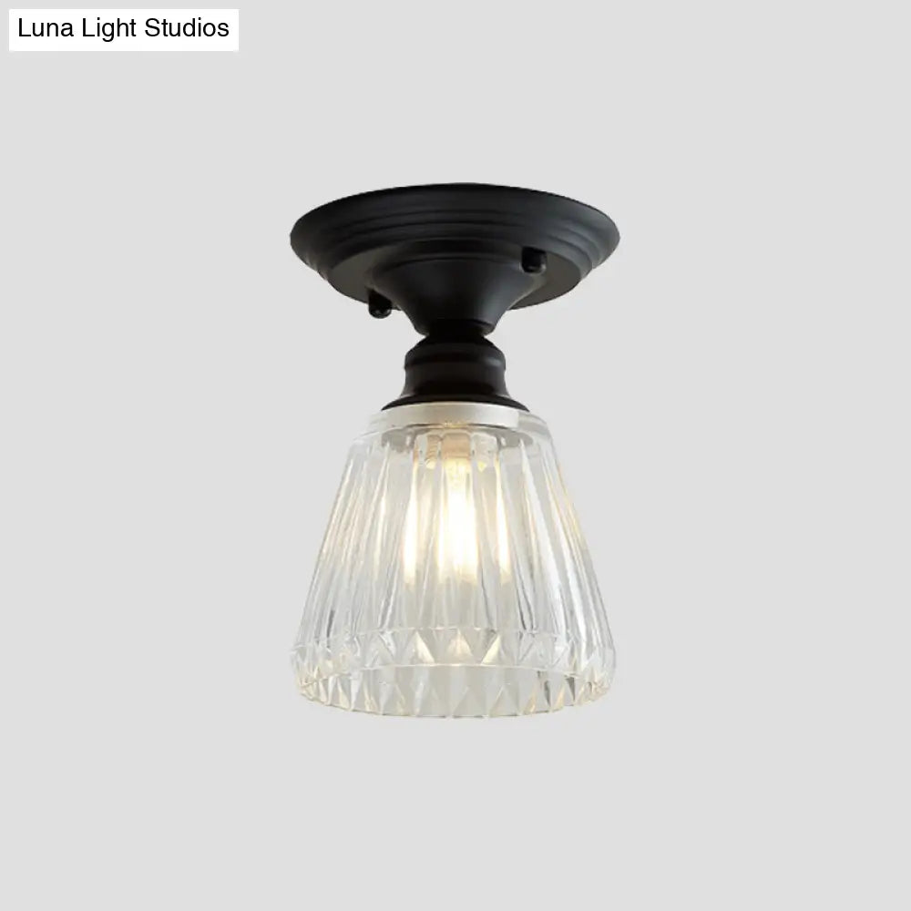 Wavy/Wide Flare Semi - Flush Mount Industrial Black Clear Textured Glass Lighting Fixture