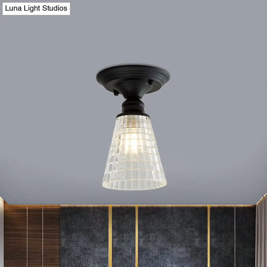 Wavy/Wide Flare Semi-Flush Mount Industrial Black Clear Textured Glass Lighting Fixture