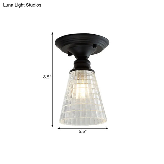 Wavy/Wide Flare Semi-Flush Mount Industrial Black Clear Textured Glass Lighting Fixture