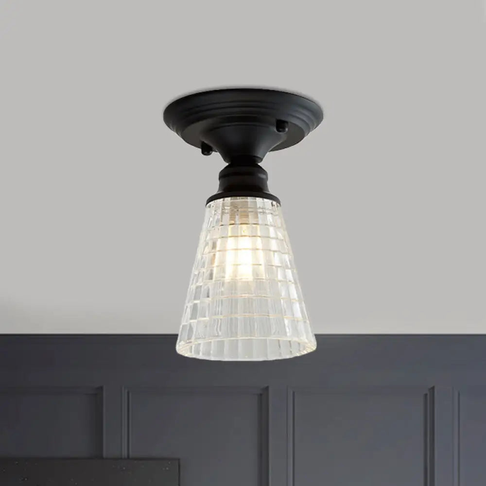 Wavy/Wide Flare Semi - Flush Mount Industrial Black Clear Textured Glass Lighting Fixture / A