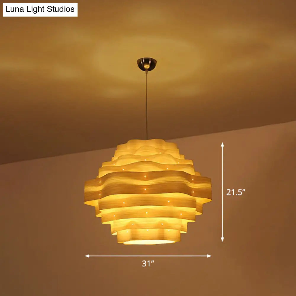 Wavy Wood Veneer Pendant Light Kit For Restaurants With Modern Style And 1 Bulb