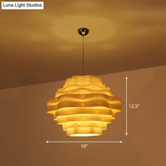 Wavy Wood Veneer Pendant Light Kit For Restaurants With Modern Style And 1 Bulb