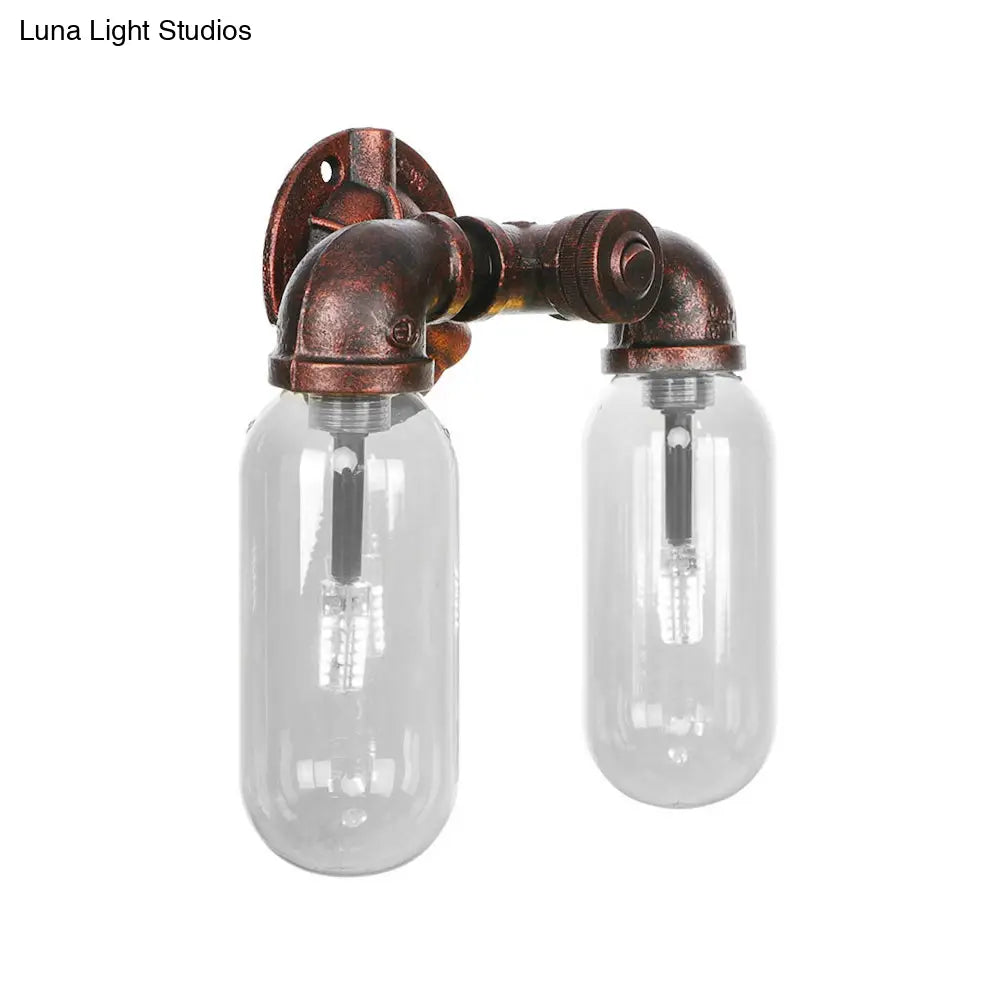 Weathered Copper 2-Light Industrial Sconce With Clear Glass Oval Shade - Wall Lighting Fixture