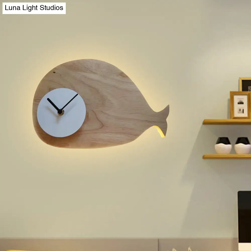 Whale Led Wall Sconce With Clock In Warm/White Light - Black/White/Beige Cartoon Wood Design