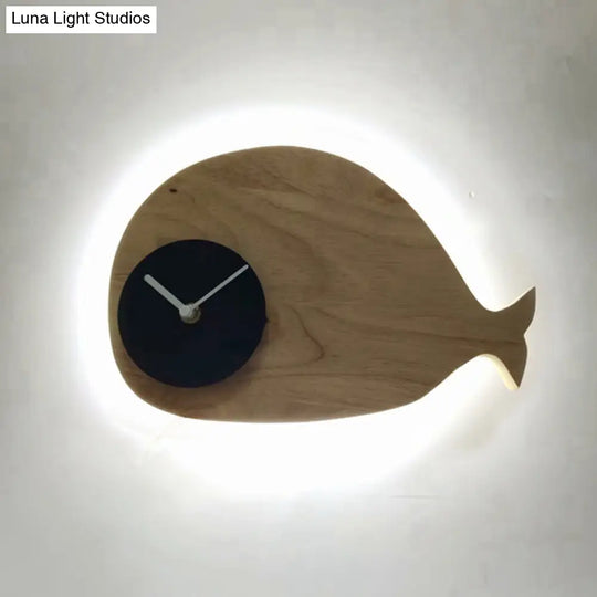 Whale Led Wall Sconce With Clock In Warm/White Light - Black/White/Beige Cartoon Wood Design