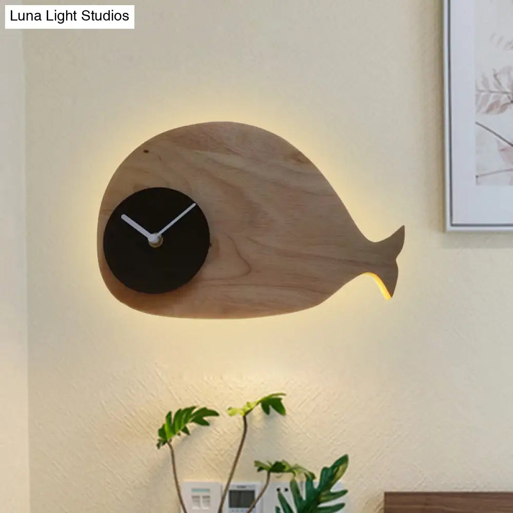 Whale Led Wall Sconce With Clock In Warm/White Light - Black/White/Beige Cartoon Wood Design