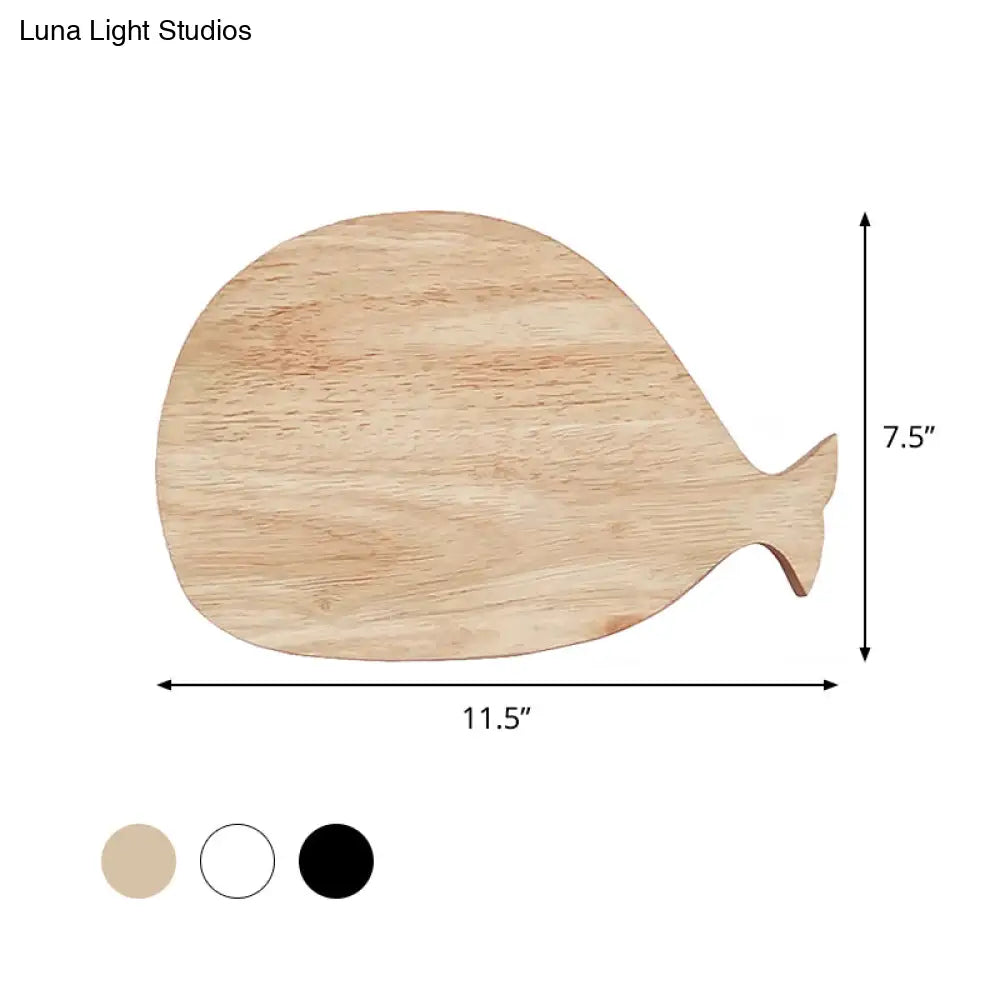 Whale Led Wall Sconce With Clock In Warm/White Light - Black/White/Beige Cartoon Wood Design