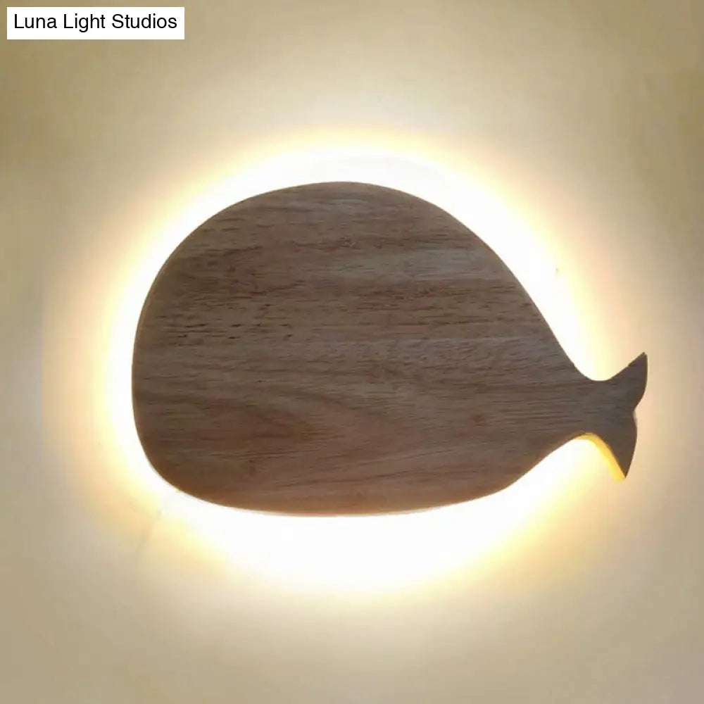 Whale Led Wall Sconce With Clock In Warm/White Light - Black/White/Beige Cartoon Wood Design