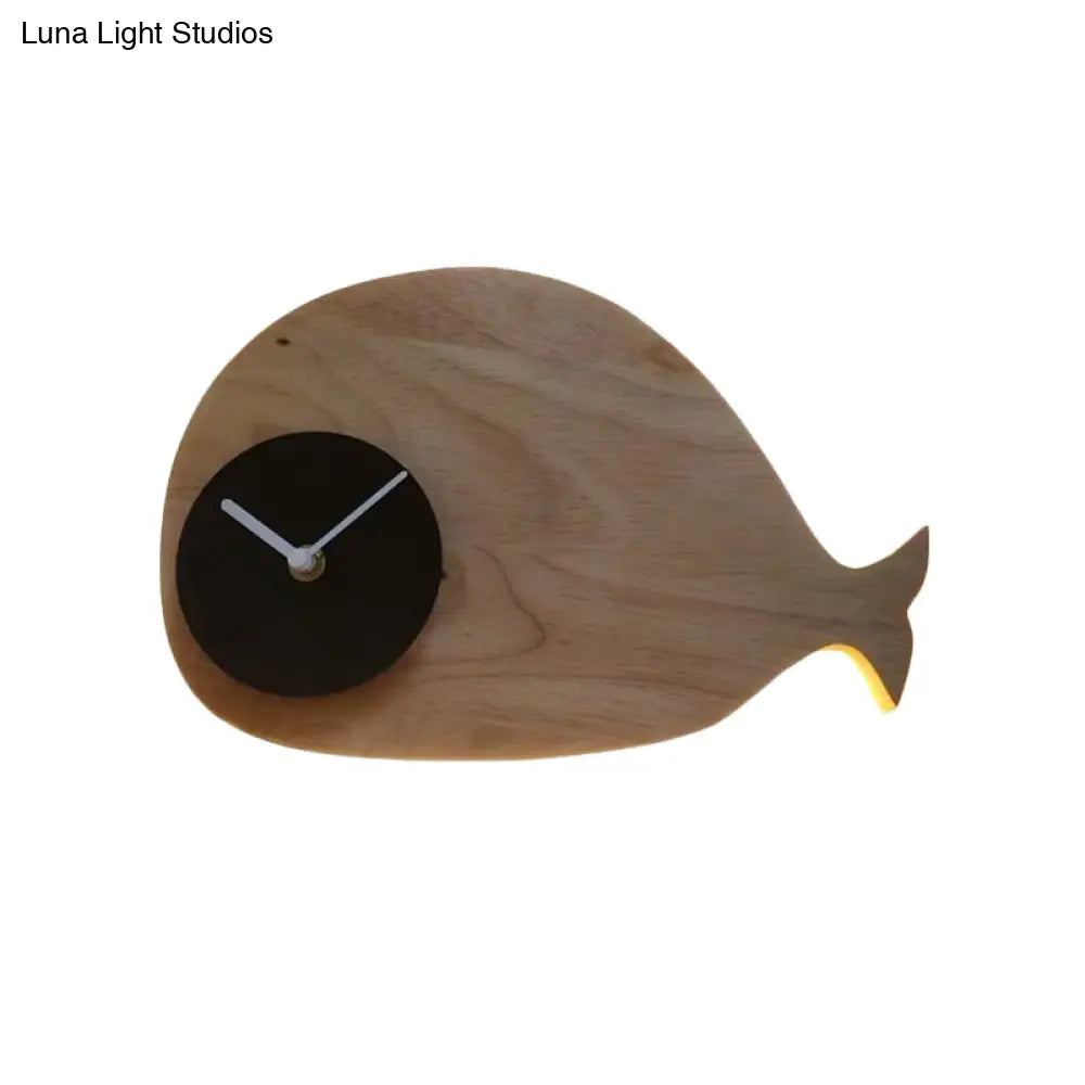 Whale Led Wall Sconce With Clock In Warm/White Light - Black/White/Beige Cartoon Wood Design