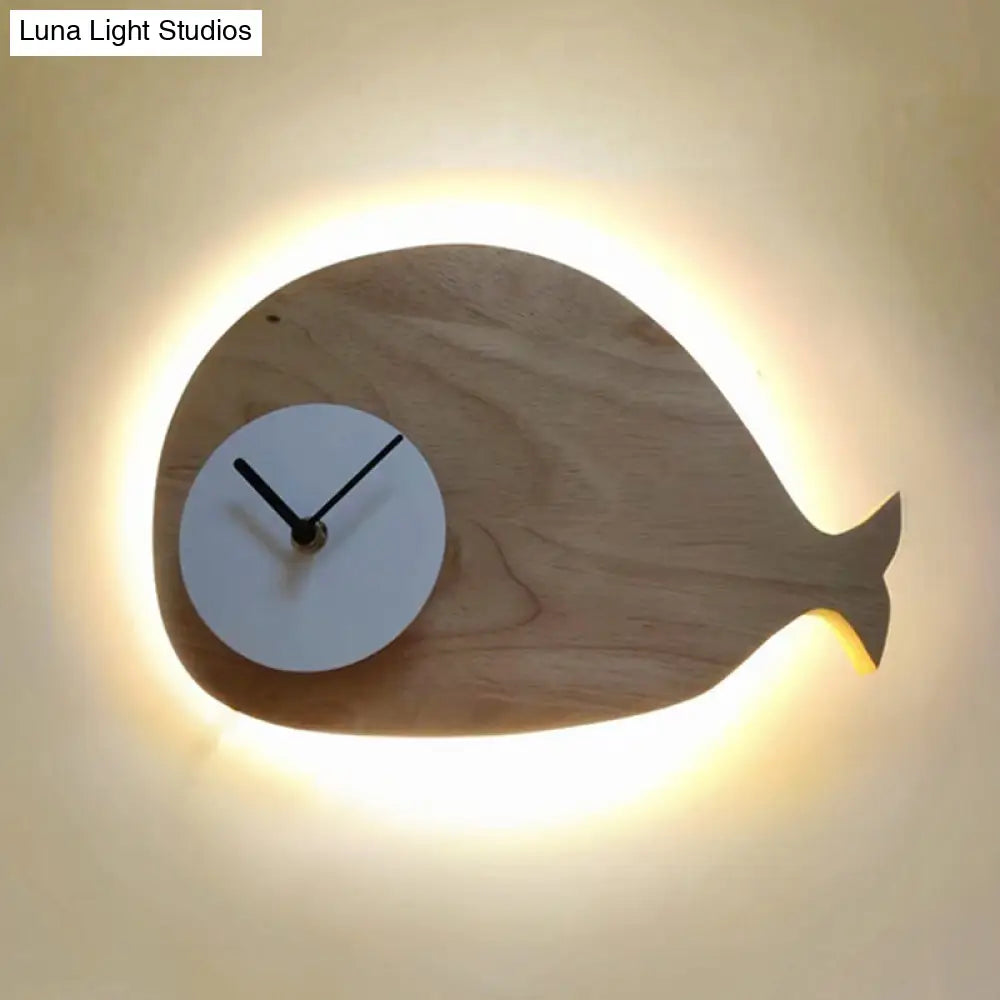 Whale Led Wall Sconce With Clock In Warm/White Light - Black/White/Beige Cartoon Wood Design