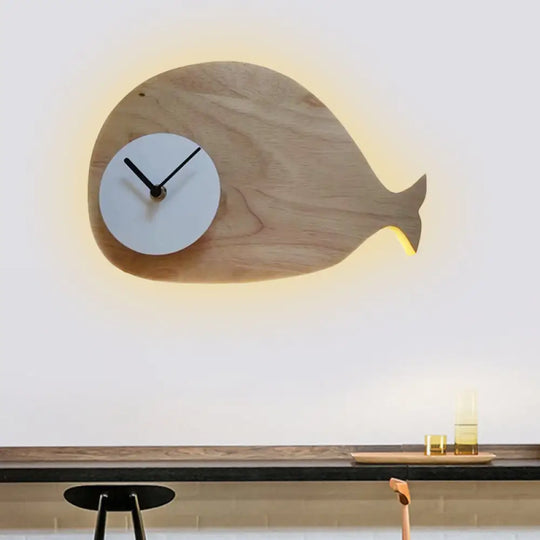 Whale Led Wall Sconce With Clock In Warm/White Light - Black/White/Beige Cartoon Wood Design / Warm