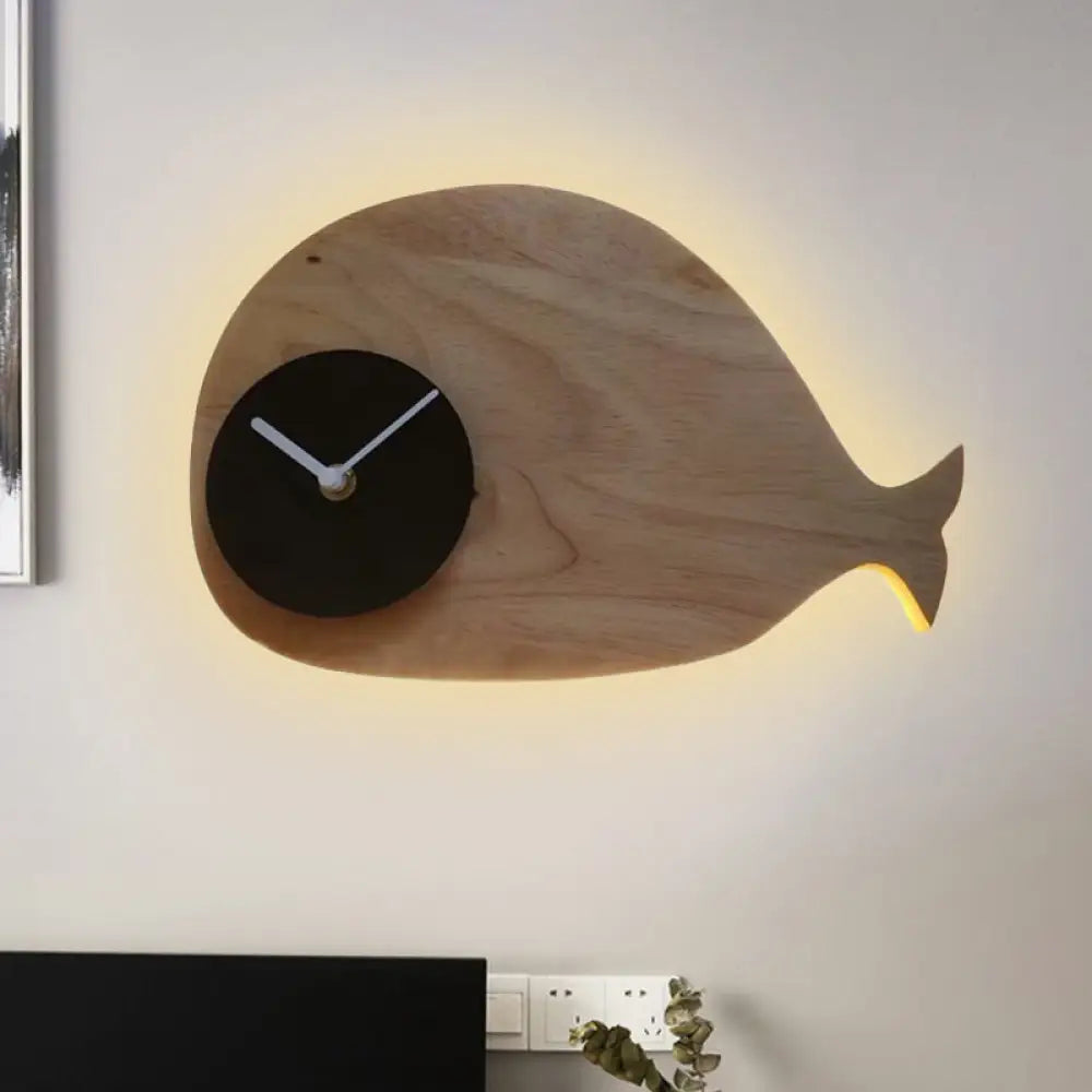 Whale Led Wall Sconce With Clock In Warm/White Light - Black/White/Beige Cartoon Wood Design / White