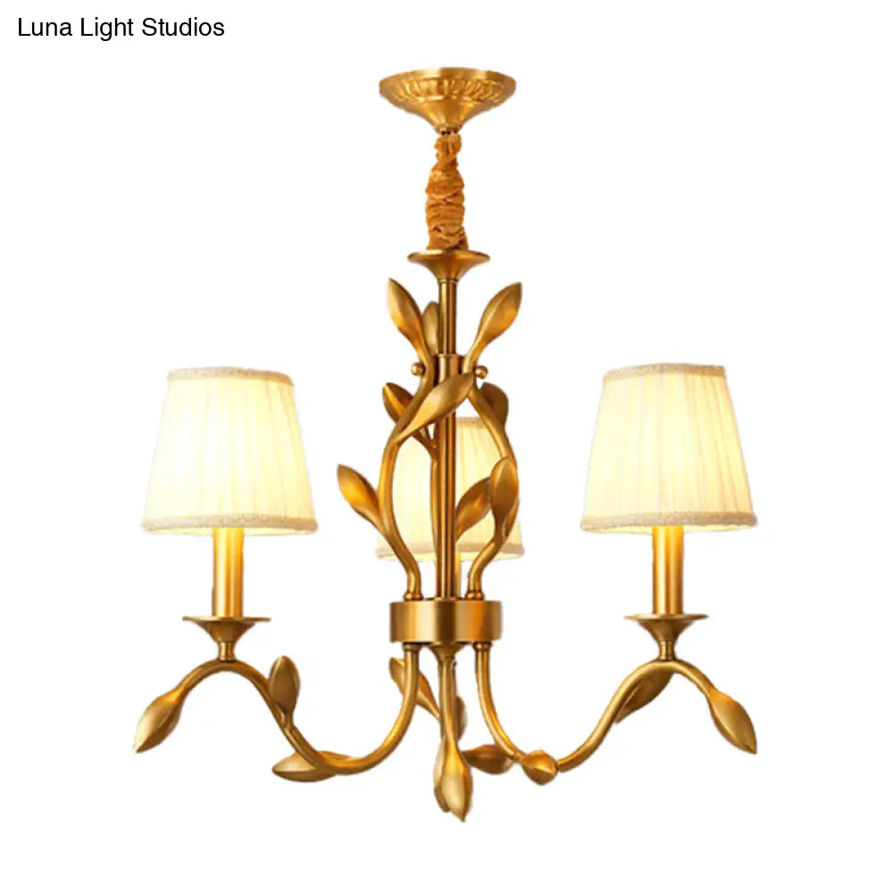 Wheat Chandelier Lighting: Farmhouse Gold Pendant With Conical Fabric Shade - 3-Head Metallic