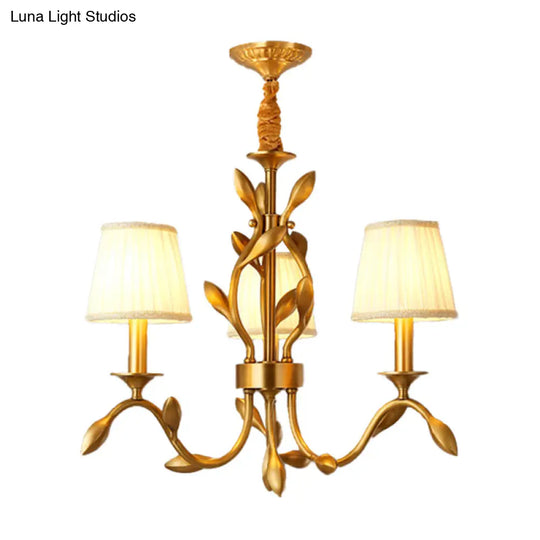 Wheat Chandelier Lighting: Farmhouse Gold Pendant With Conical Fabric Shade - 3-Head Metallic